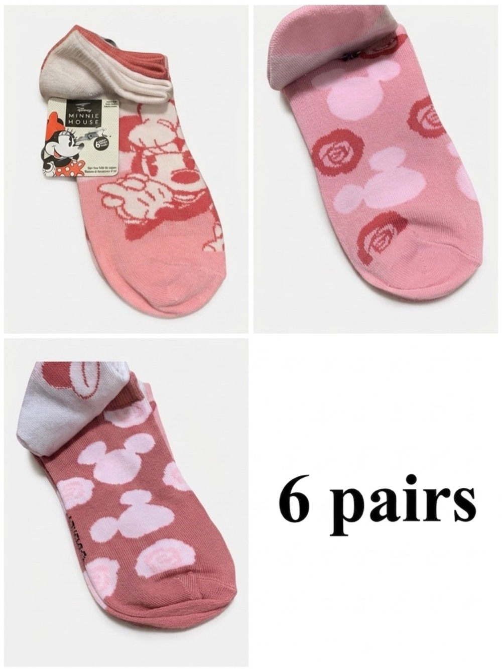Minnie Mouse Ankle Socks 6 Pair Pink Floral Rose Coquette Disney Bundle Set NWT